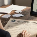 Taxpayer sits at desk with centered IRS form and computer screen showing mileage rates in background