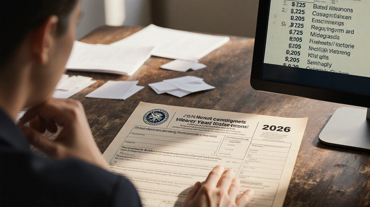 Taxpayer sits at desk with centered IRS form and computer screen showing mileage rates in background