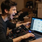 Tech enthusiast rummaging through overflowing electronics box with laptop spilling out and Newegg coupons scattered