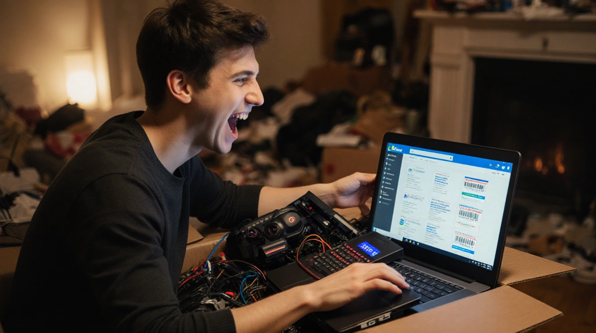 Tech enthusiast rummaging through overflowing electronics box with laptop spilling out and Newegg coupons scattered