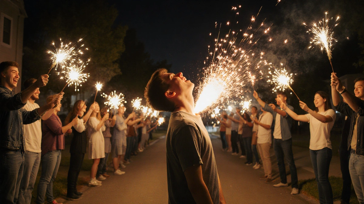 Teen recoiling from fireworks explosion with sparks near head and family cheering in golden light