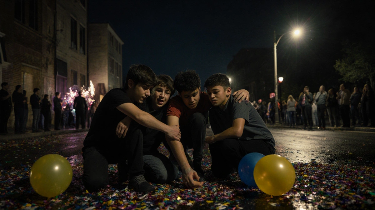 Five teens huddled together with confetti and balloons on wet pavement and a crowd celebrating New Year