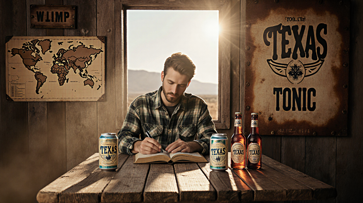 Person sitting at rustic wooden table reading dusty book with Tejas Tonic bottles under golden hour light