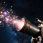 Telescope spills stars with swirling vortex of colorful celestial bodies against deep blue cosmos background