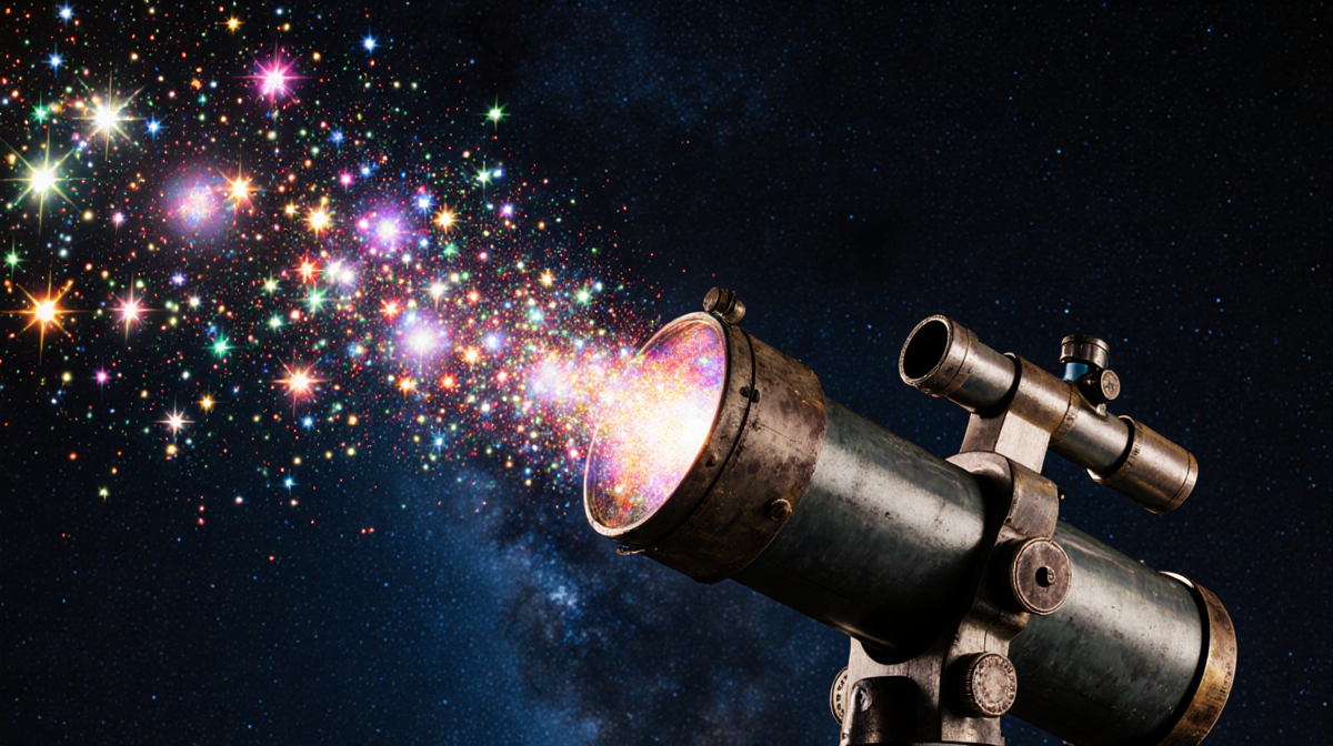 Telescope spills stars with swirling vortex of colorful celestial bodies against deep blue cosmos background