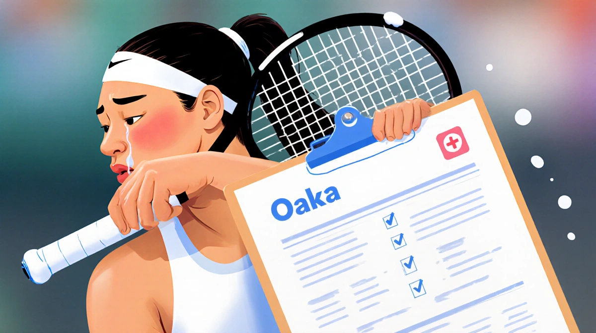 Woman holding a tennis racket leaning against a medical chart with a blurred background showing recovery and cough hints