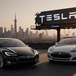 BYD electric car parked beside Tesla Model S with futuristic city skyline at dusk and a torn billboard