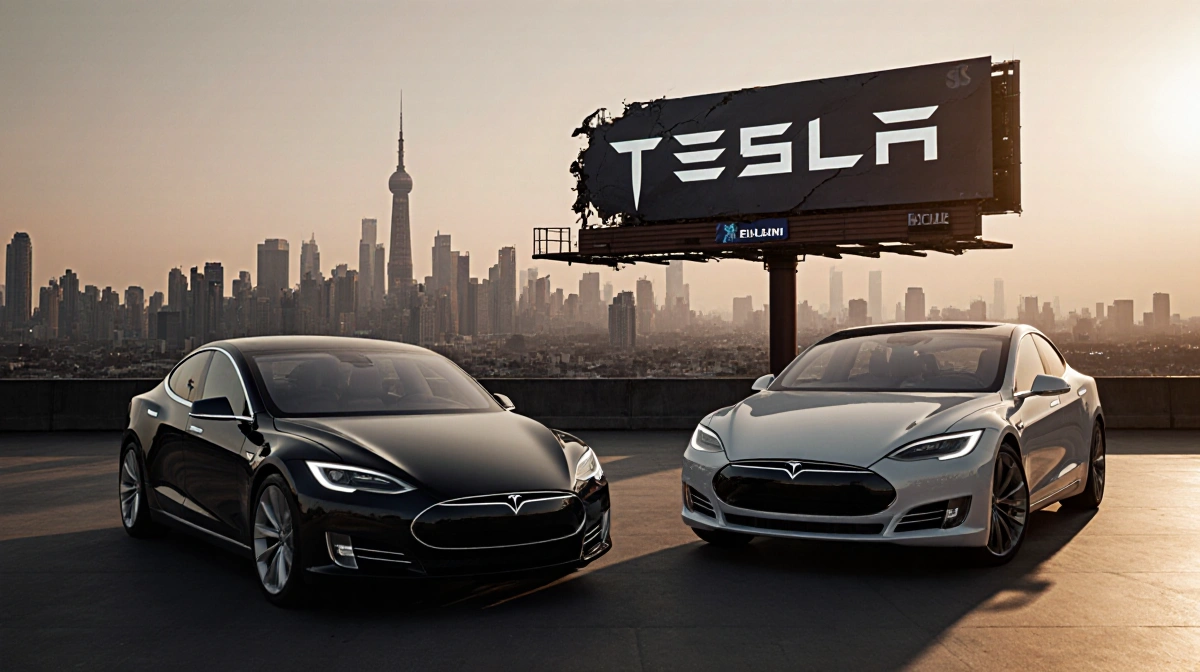 BYD electric car parked beside Tesla Model S with futuristic city skyline at dusk and a torn billboard