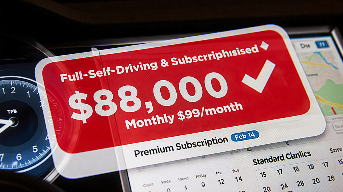 Tesla dashboard shows Self-Driving with $8,000 upfront and $99 monthly subscription near Feb. 14