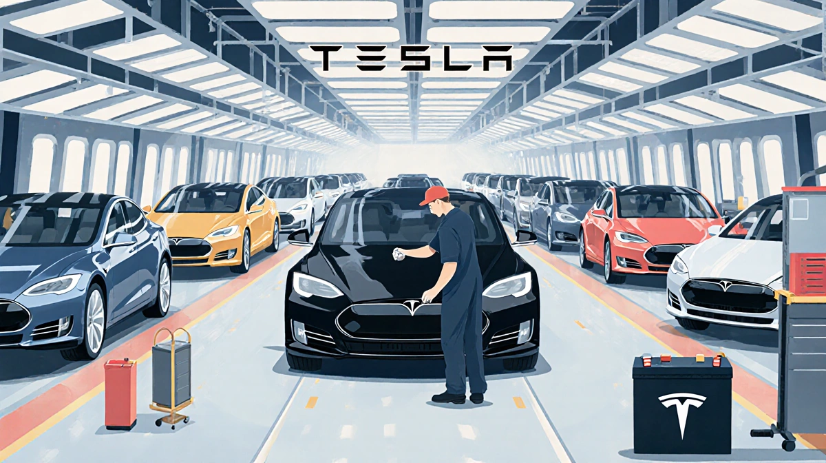 Technician calibrating a battery pack on a Model S with Tesla logo and neatly organized tools