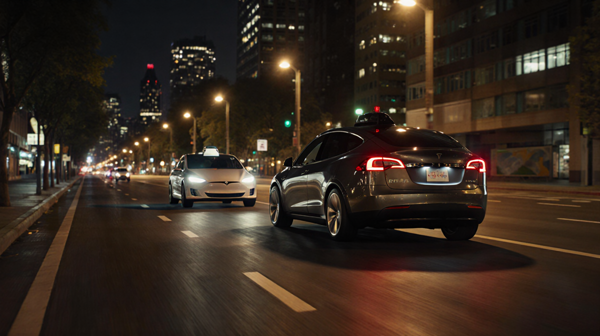 Tesla vehicle trailing behind Robotaxi at night with streetlights casting shadows and a light trail.