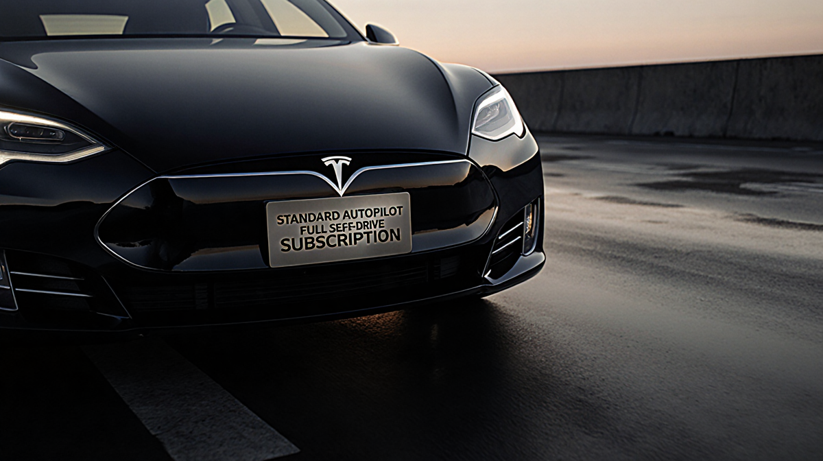 Tesla car parked with bold metallic sign Tesla Full Self-Drive Subscription on dashboard and dim glow from navigation screen