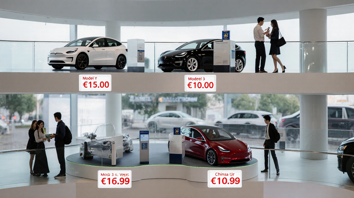 Showroom displays Tesla Model Y and Model 3 alongside Chinese electric cars with price tags in euros and yuan