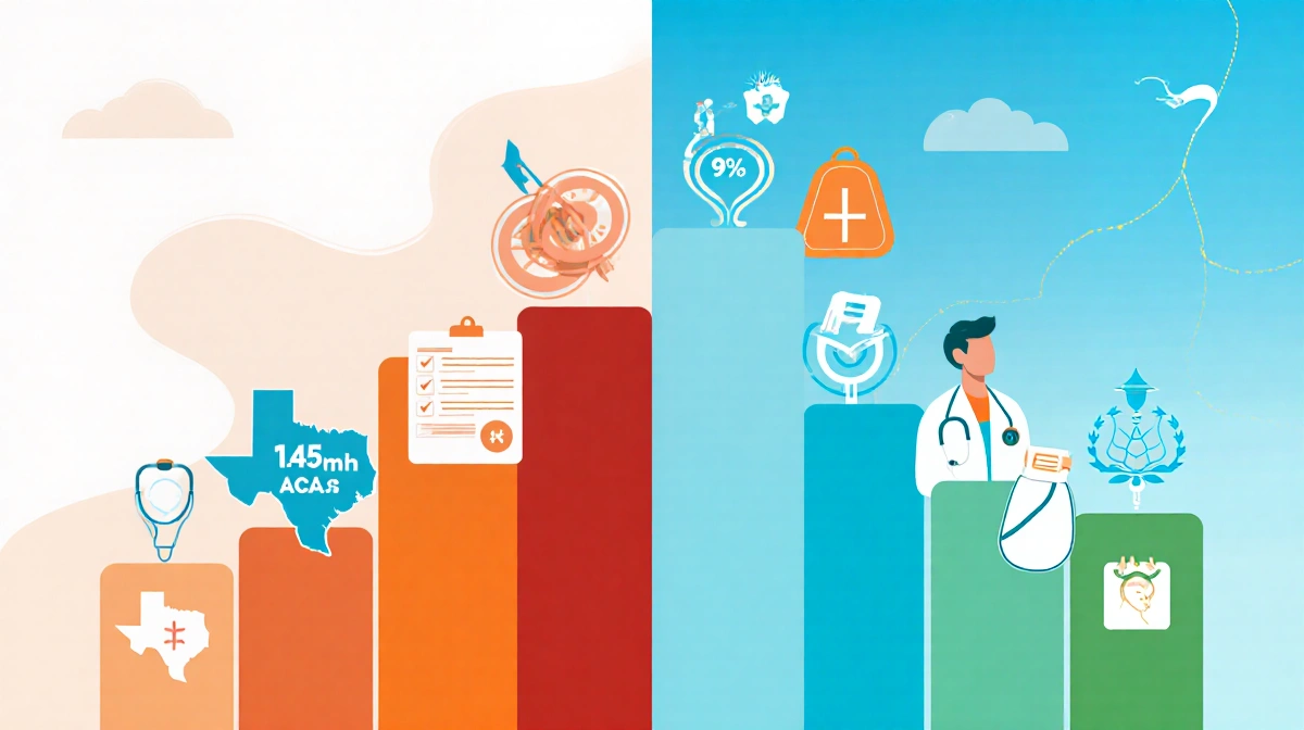 Bar chart shows ACA subsidies with red bar for 1.45 million Texans losing coverage light blue bar for 95% premium reduction.