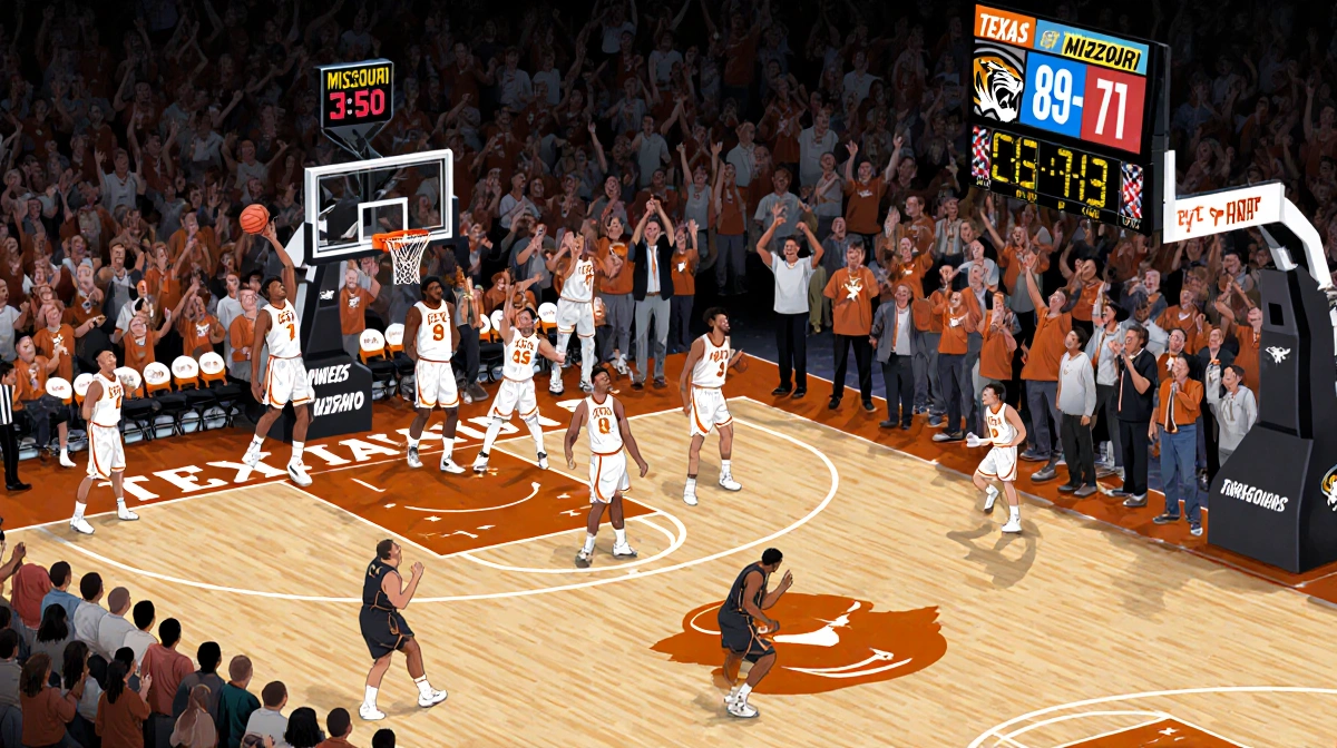Texas basketball players celebrating comeback after Lee's 3-pointer with highlighted arc and cheering crowd.