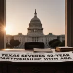 Texas Capitol dome glows at dawn with breaking news headline on wooden desk and law books