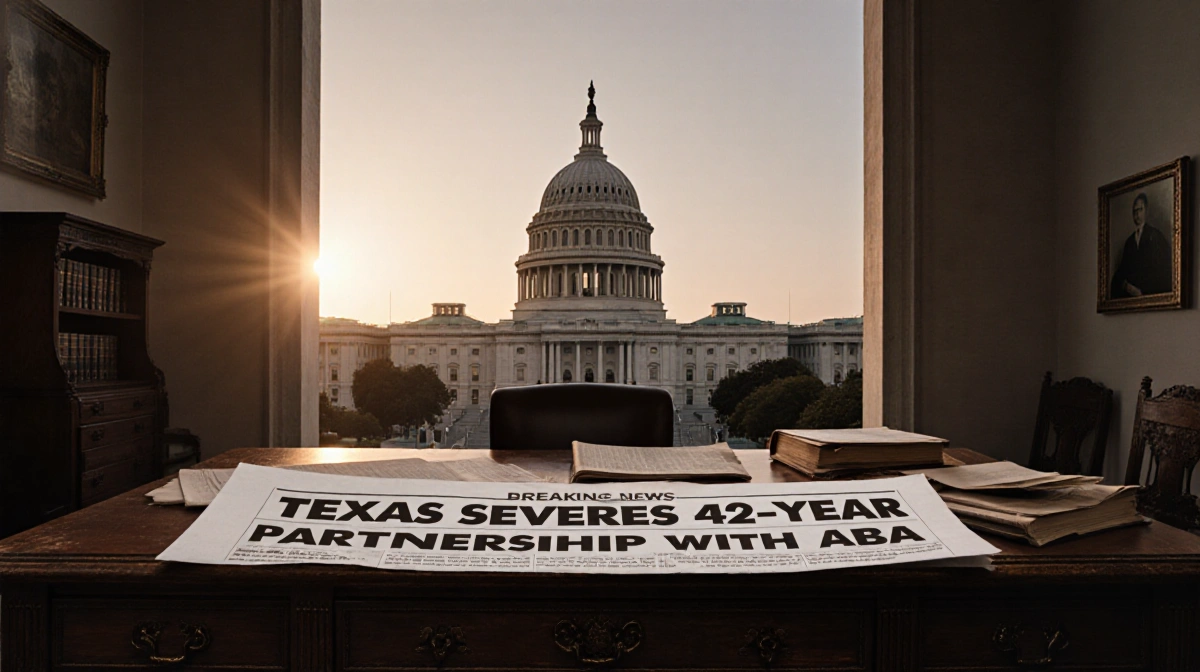 Texas Capitol dome glows at dawn with breaking news headline on wooden desk and law books