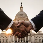 Hands shaking with Texas State Capitol dome and sunset glow in background