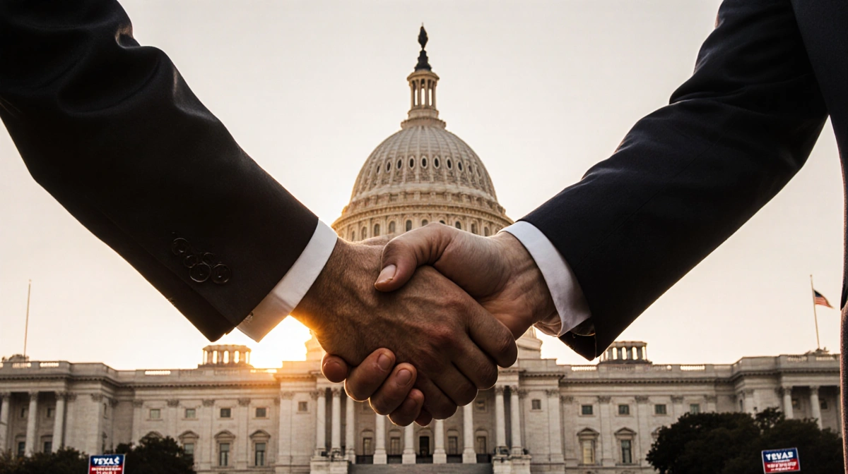 Hands shaking with Texas State Capitol dome and sunset glow in background