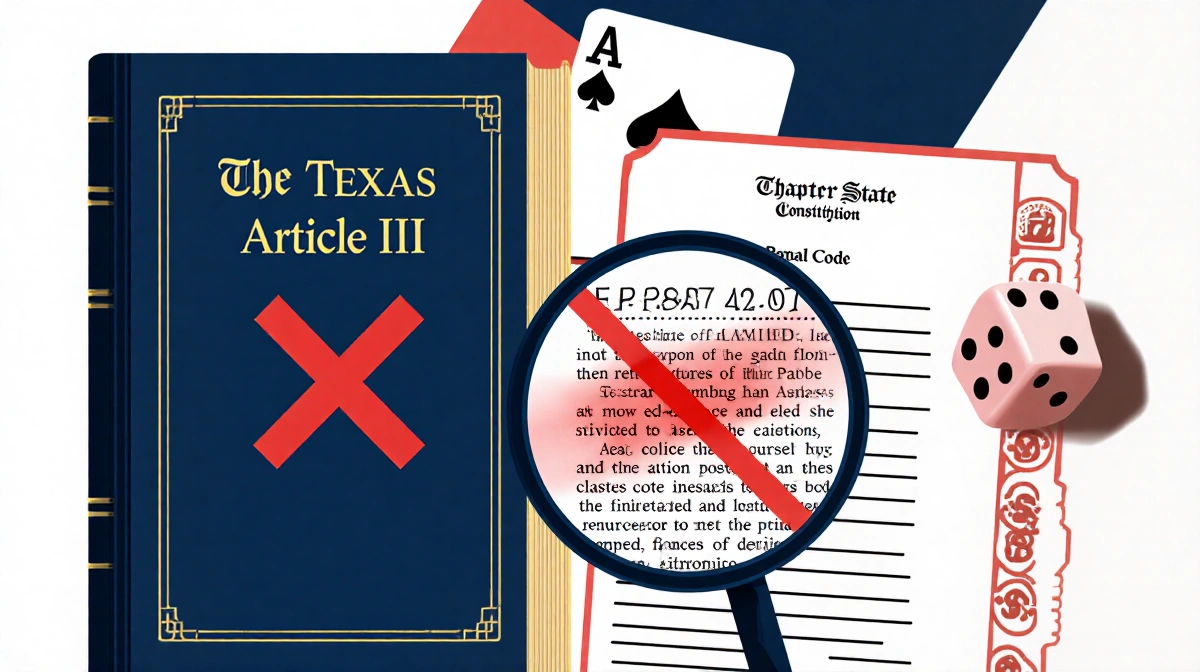 Magnifying glass zooms over Texas Penal Code Chapter 42.07 with redacted text and hidden dice image near Constitution book