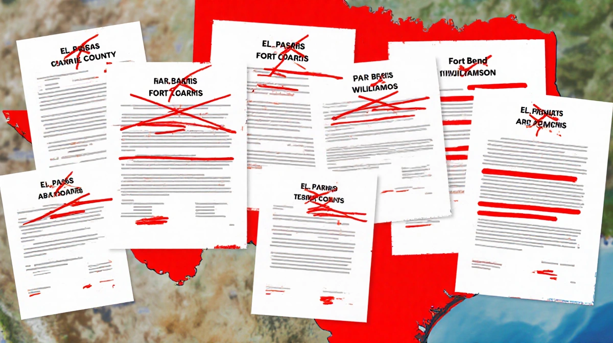 Court documents arranged in collage with red pen edits on Texas county names over blurred Texas map.