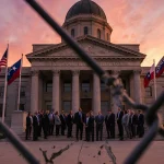 Attorneys and officials standing at courthouse entrance with waving county flags and a broken chain fence under sunset sky