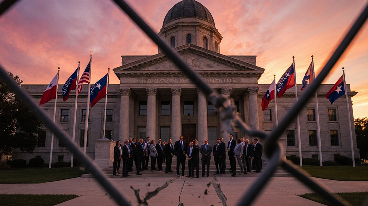 Attorneys and officials standing at courthouse entrance with waving county flags and a broken chain fence under sunset sky