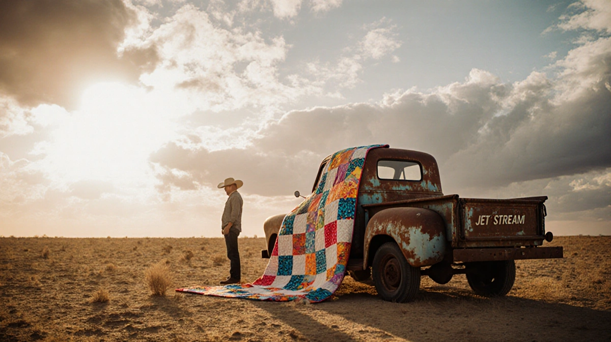 Lone figure standing under a patchwork quilt over a rusty truck with warm sunlit dry Texas landscape and storm clouds.