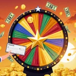Smiling Texan reaching for massive check with Texas-shaped jackpot wheel glowing in sunset