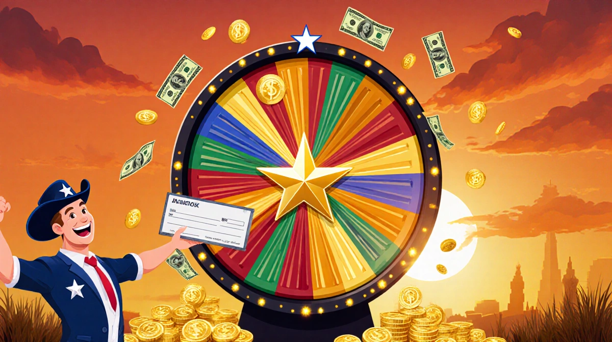 Smiling Texan reaching for massive check with Texas-shaped jackpot wheel glowing in sunset