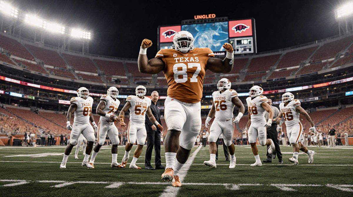 Texas Longhorns players celebrate with 387‑pound Ian Geffrard dominating center under vibrant stadium lights on football fiel