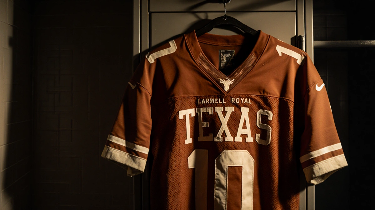 Worn Texas Longhorns jersey hangs on locker with warm golden light and subtle seat grid backdrop.