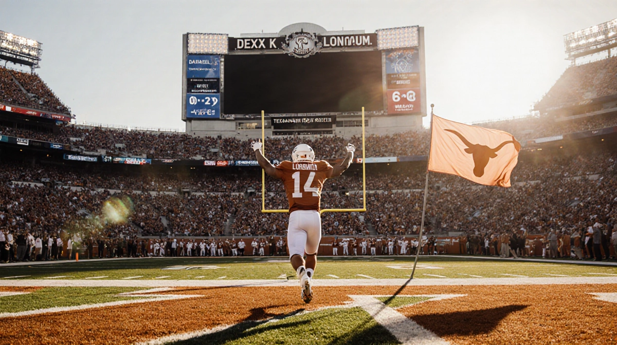 Longhorn football player running out of end zone with arms raised with Texas flag waving behind and scoreboard showing 10-3 r