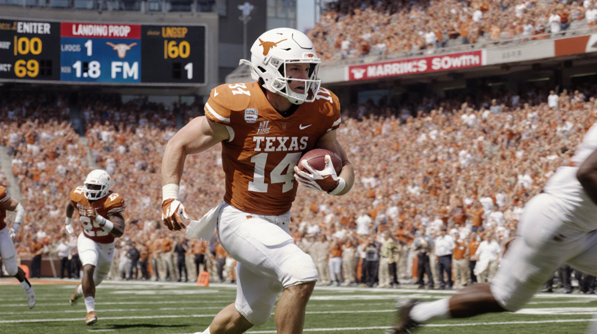 Texas Longhorns Manning sprinting with the ball across a blurred stadium backdrop and a scoreboard blur with speed