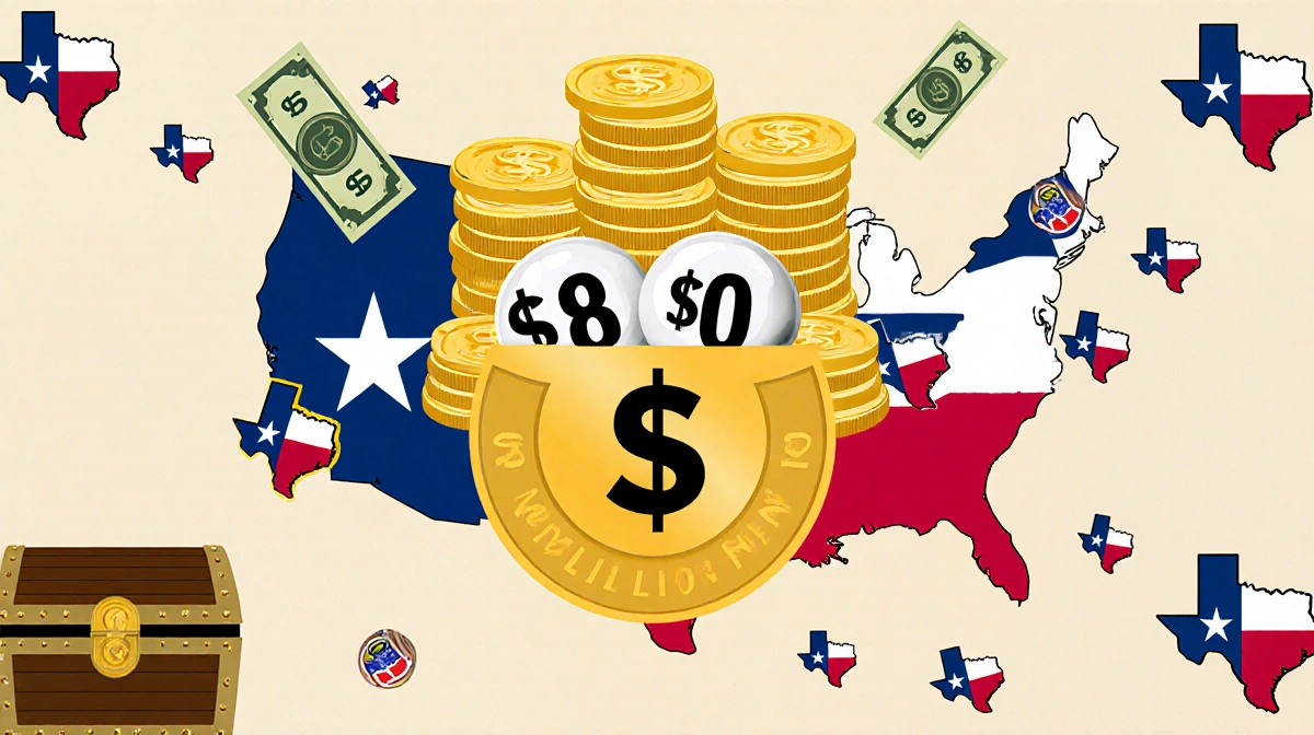 Texas flags scatter across map with gold coins and lottery tickets stacked and bold numbers dollar signs.
