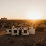 Weathered clinic glowing with golden dawn light and distant hospital silhouette