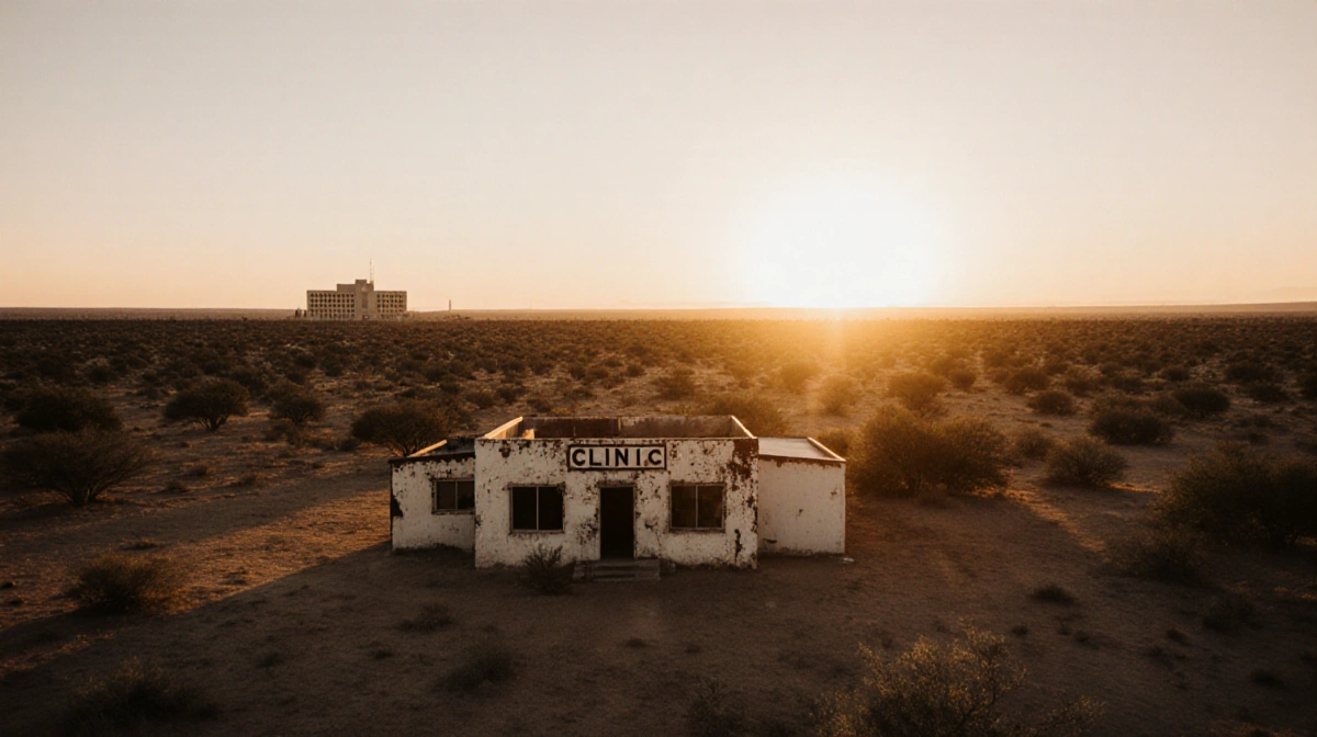 Weathered clinic glowing with golden dawn light and distant hospital silhouette