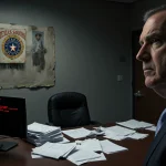 Unpaid invoices scattered across desk with red error 404 screen and faded Texas Southern University logo in background