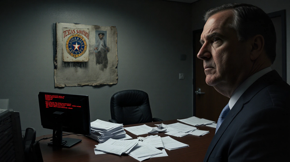 Unpaid invoices scattered across desk with red error 404 screen and faded Texas Southern University logo in background