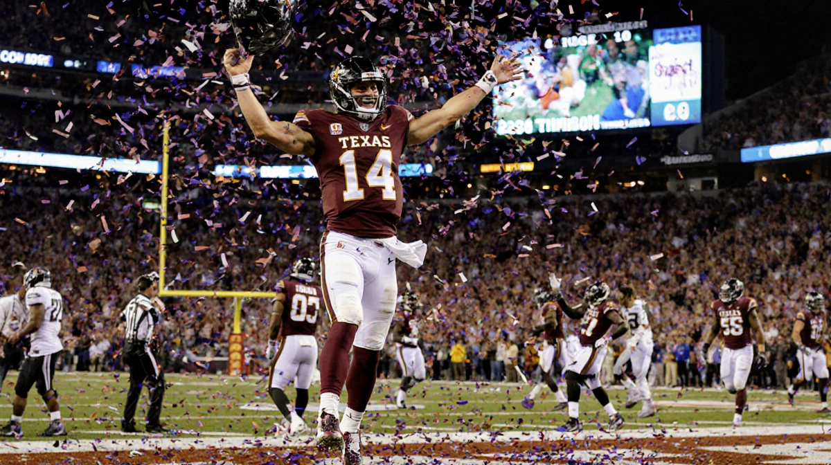 Brad Jackson leaps for touchdown celebration amid confetti exploding around him in AT&T Stadium