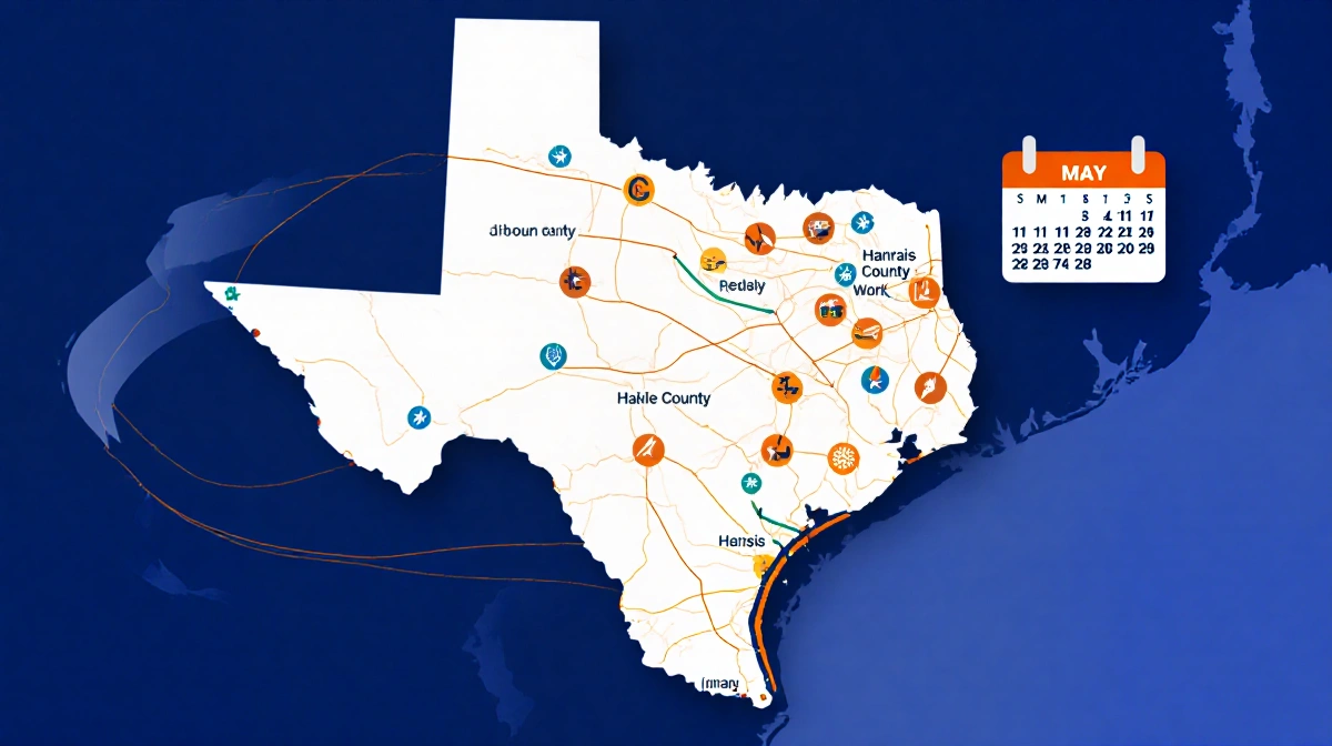 Texas map showing tornado paths and frequency with highlighted May calendar and prominent Harris and Hale counties.
