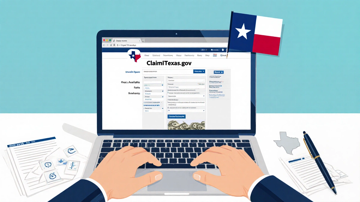 Person sitting in front of computer with ClaimItTexas.gov on laptop screen and Texas flag unclaimed property papers and pen