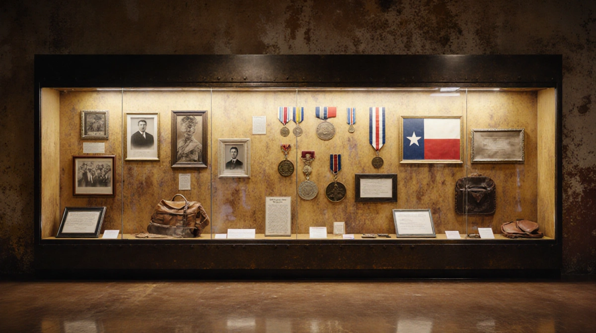 Exhibit case showing medals and photographs with warm golden light and faded flags