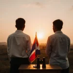 Thai and Cambodian men standing and gazing at sunset horizon with wooden table holding folded flag and binoculars at border