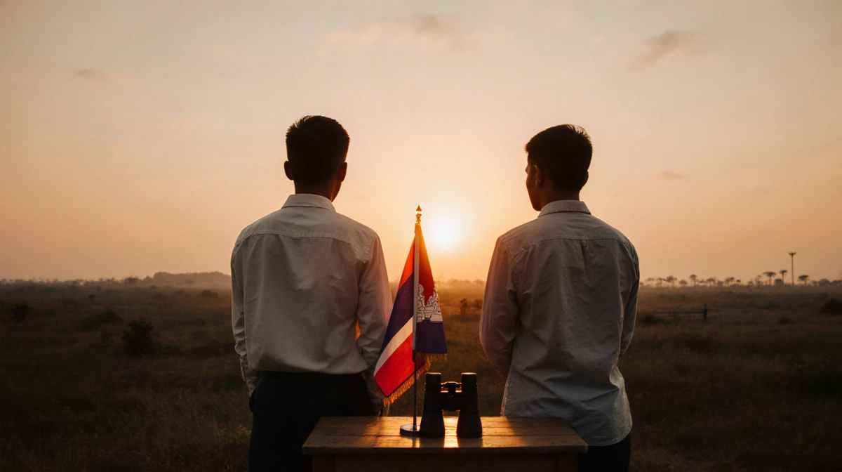 Thai and Cambodian men standing and gazing at sunset horizon with wooden table holding folded flag and binoculars at border