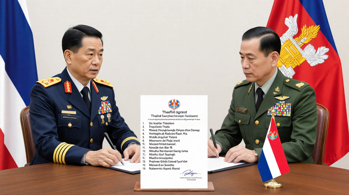 Two diplomats signing a ceasefire agreement with Thai and Cambodian flags near a muted wooden table