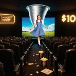 Dorothy stepping out of a glowing silver tornado with a massive LED screen behind showing her gingham dress and $100 ticket t
