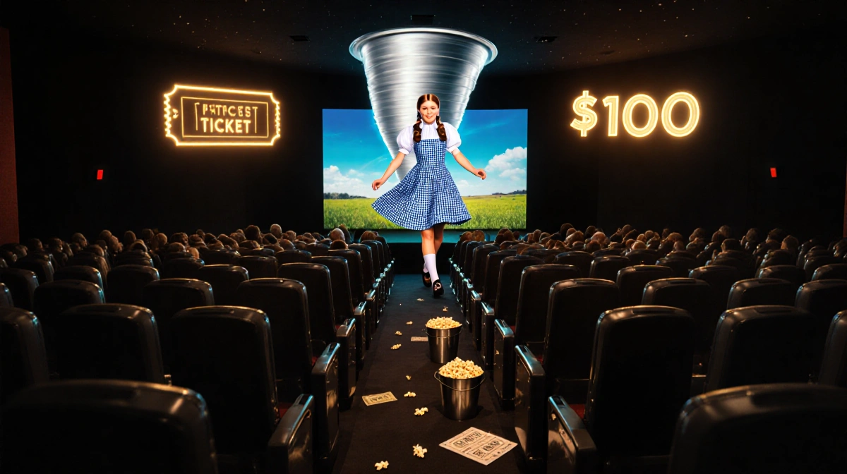 Dorothy stepping out of a glowing silver tornado with a massive LED screen behind showing her gingham dress and $100 ticket t