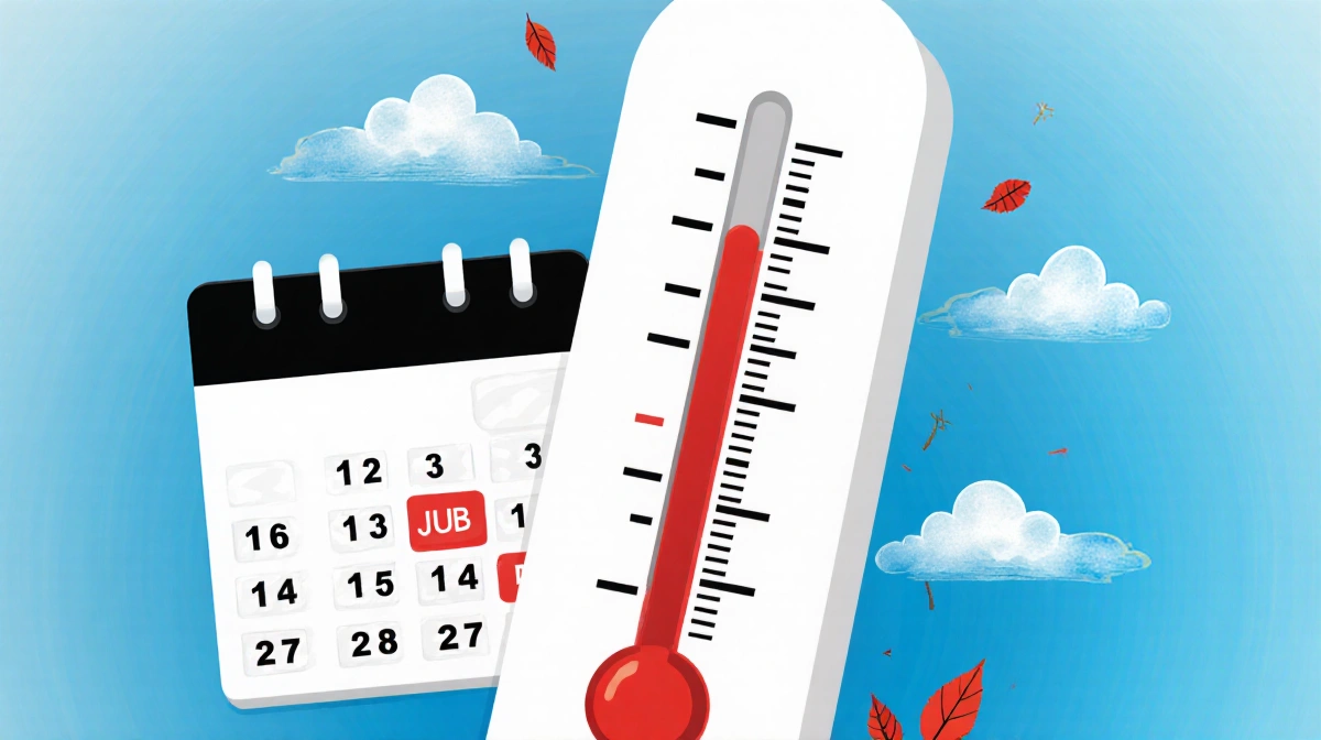 Thermometer pointing up with bright needle showing warmth with a calendar marking January February July and December in red