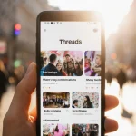 Phone shows Threads app with colorful posts and city street blurred behind